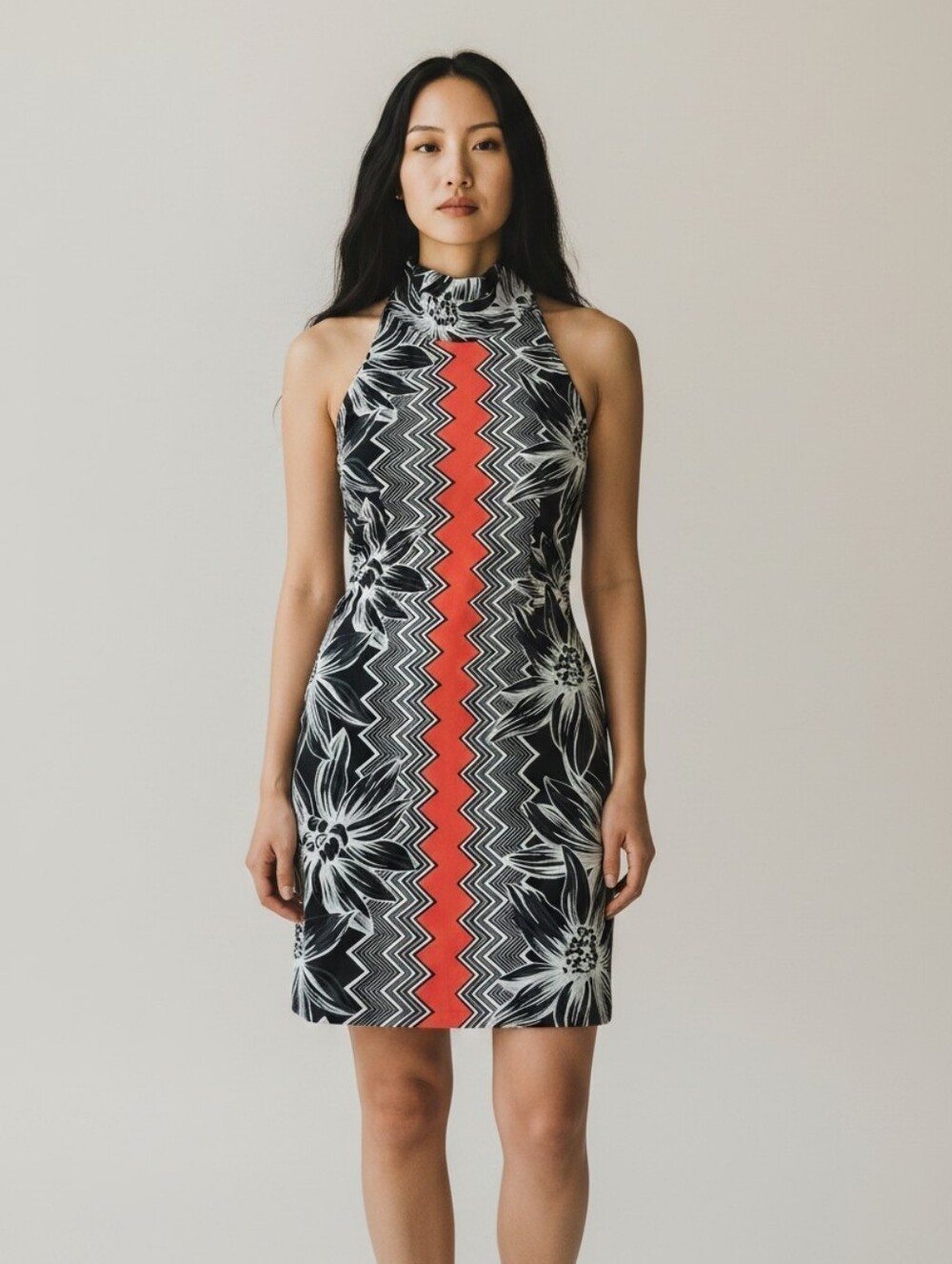 Milly High-Neck Sheath Dress in Black and Coral